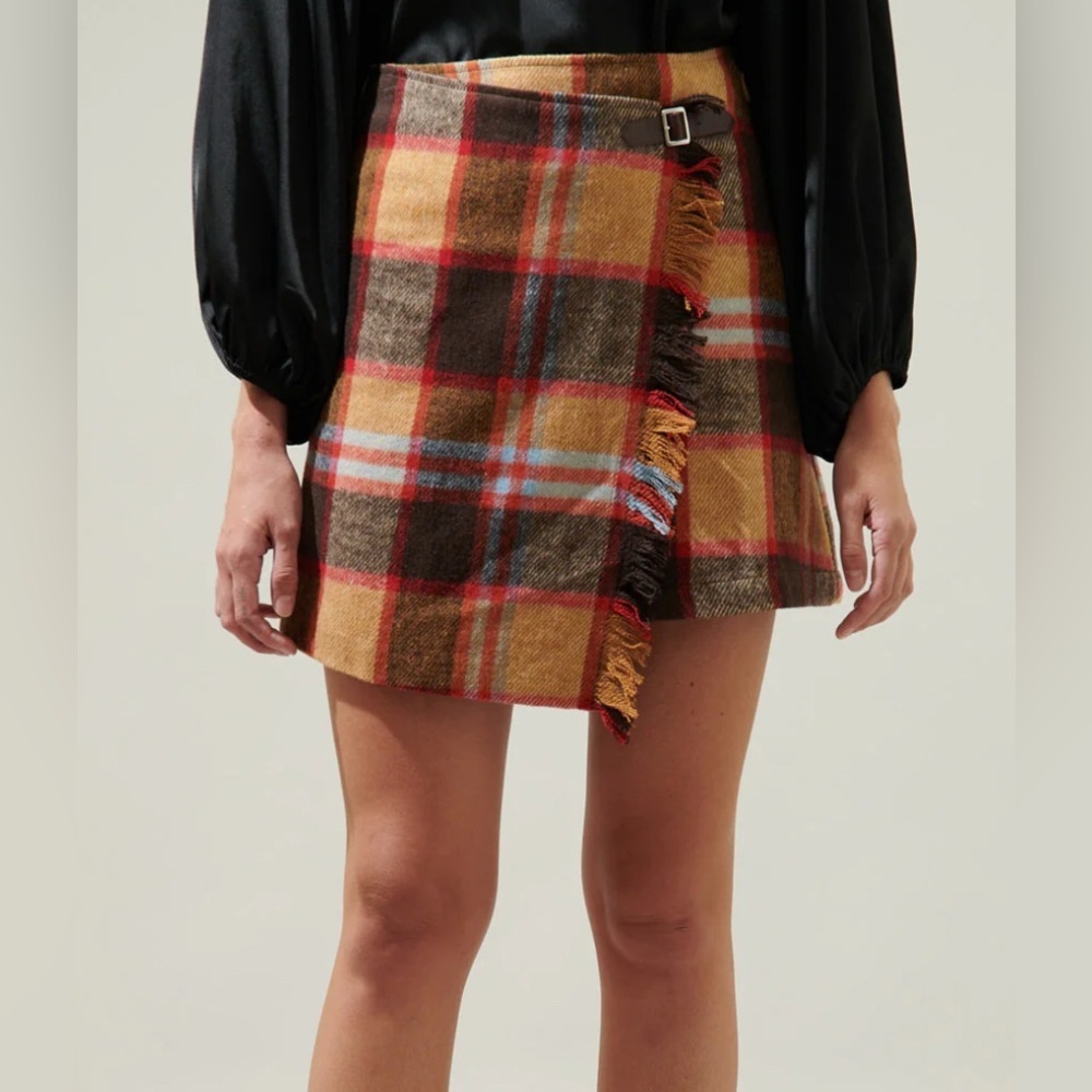 SugarLips Plaid Faux Wrap Mini Skirt in Fawn Plaid Size S NWT